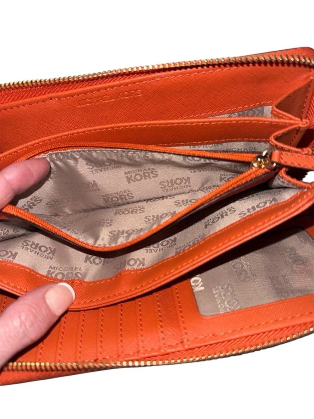 Michael Kors Signature MK Zip Around Wallet with Orange Stripe - Picture 6 of 9